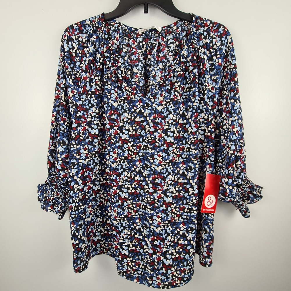 89th & Madison Womens Blue Ditsy Dots V-Neck Blouse Smocked Cuff Top Medium NWT